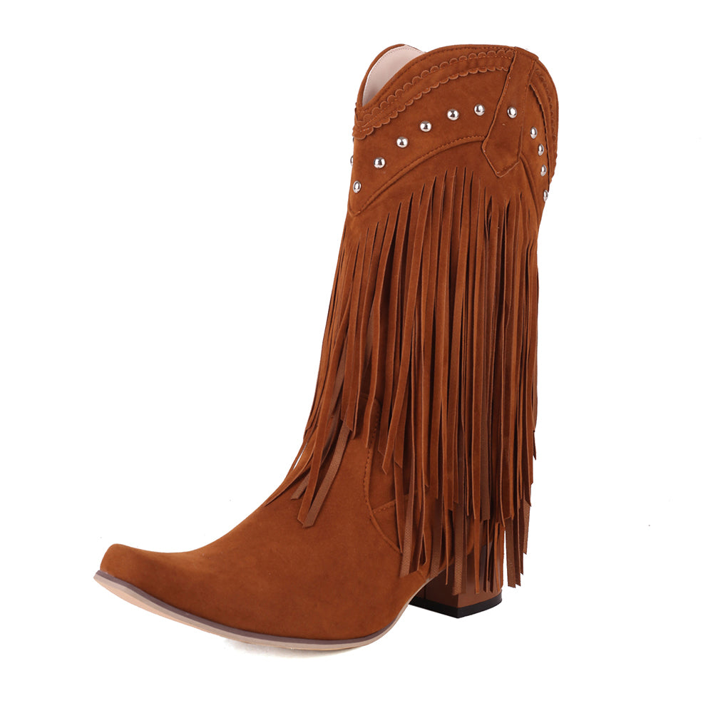 Fringe Western Cowboy Boots for Women Vintage Rivet Tassels Long Boots