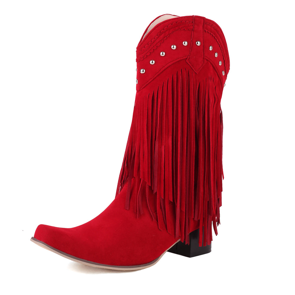 Fringe Western Cowboy Boots for Women Vintage Rivet Tassels Long Boots