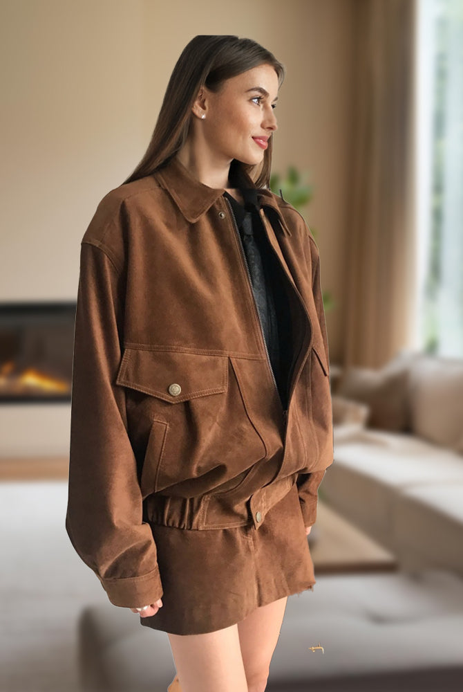 Ashore_Shop_2025_Women_s_Faux_Suede_Two_Piece_Outfit_Sets_Loose_bomber_jackets_and_mini_skirts-brown