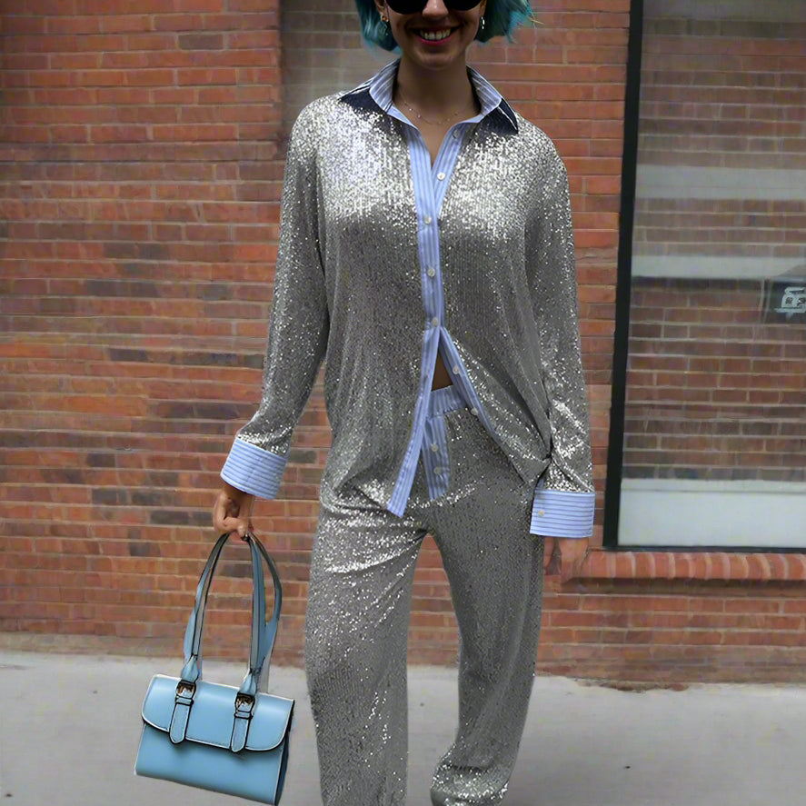 Ashore_shop_silver_sequin_outfit_with_a_blue_handbag