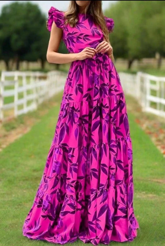 Ashoreshop-Maxi Dress 2024 Women Elegant Printed Ruffled Short Sleeve Round Neck Backless Lace Up Nipped Waist Slim Long Dresses