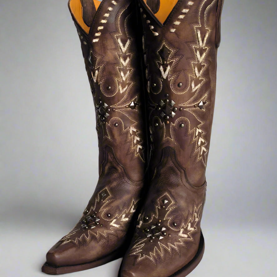 Ashore Western Shop rich brown leather finish with intricate white embroidery cowgirl high brown boots (Copy)