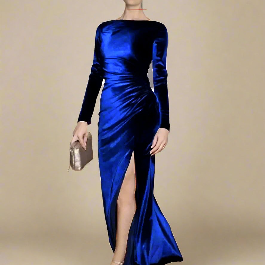 Ashore Shop Velvet Boat Neck Long Sleeve Evening Dress