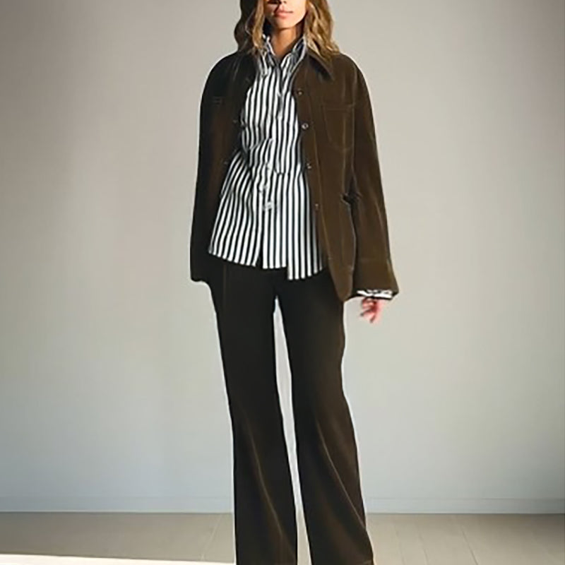 Retro olive oversized corduroy shirt and matching pant two-piece outfit set