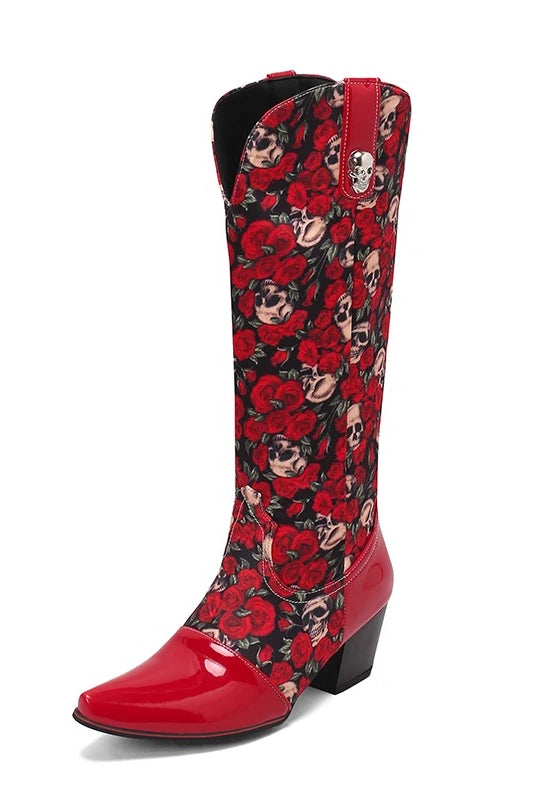 Western_Cowgirl_Patent_Leather_Metal_Buckle_Decoration_Print_For_Women_s_Knee_Length_Boots-1