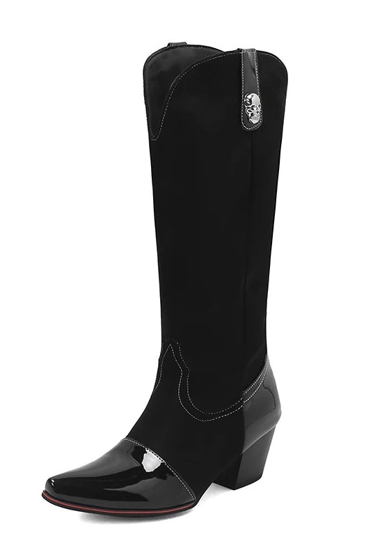 Western_Cowgirl_Patent_Leather_Metal_Buckle_Decoration_Print_For_Women_s_-2Knee_Length_Boots