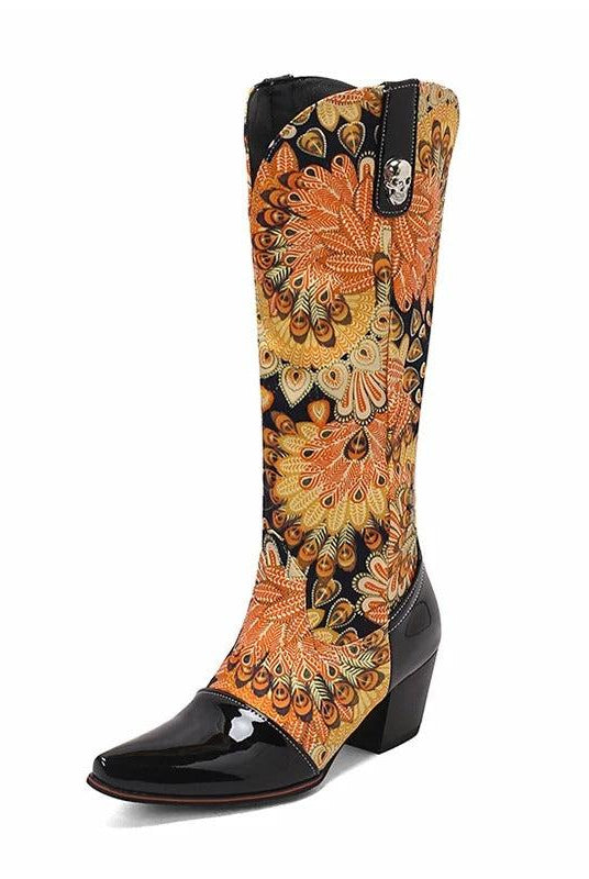 Western_Cowgirl_Patent_Leather_Metal_Buckle_Decoration_Print_For_Women_s_Knee_Length_Boots