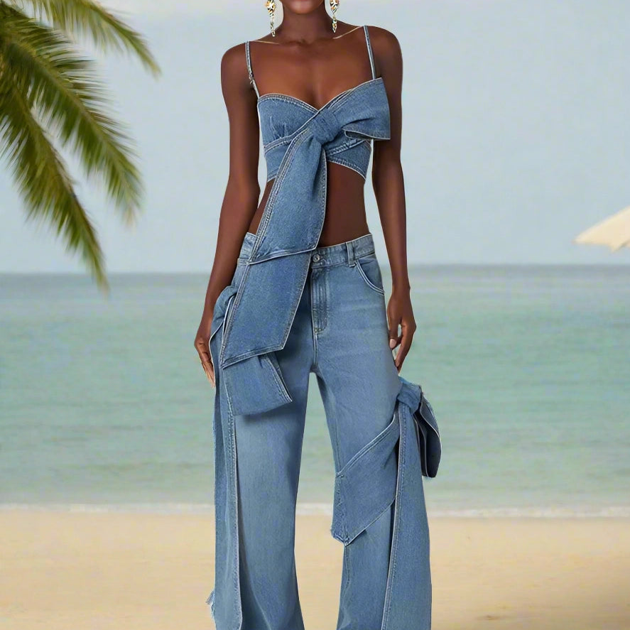 Women_s_Summer_bow_tie_top_vest_matching_straight_wide-leg_distressed_jeans_suit