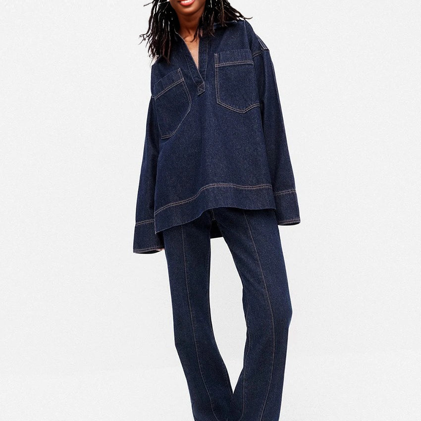 Modern Women Trendy Loose Denim Two Piece Sets Oversize pull over Denim shirt and Slim boot leg jean