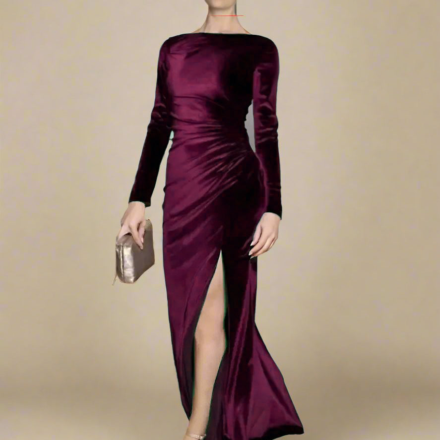 Ashore Shop Velvet Boat Neck Long Sleeve Evening Dress