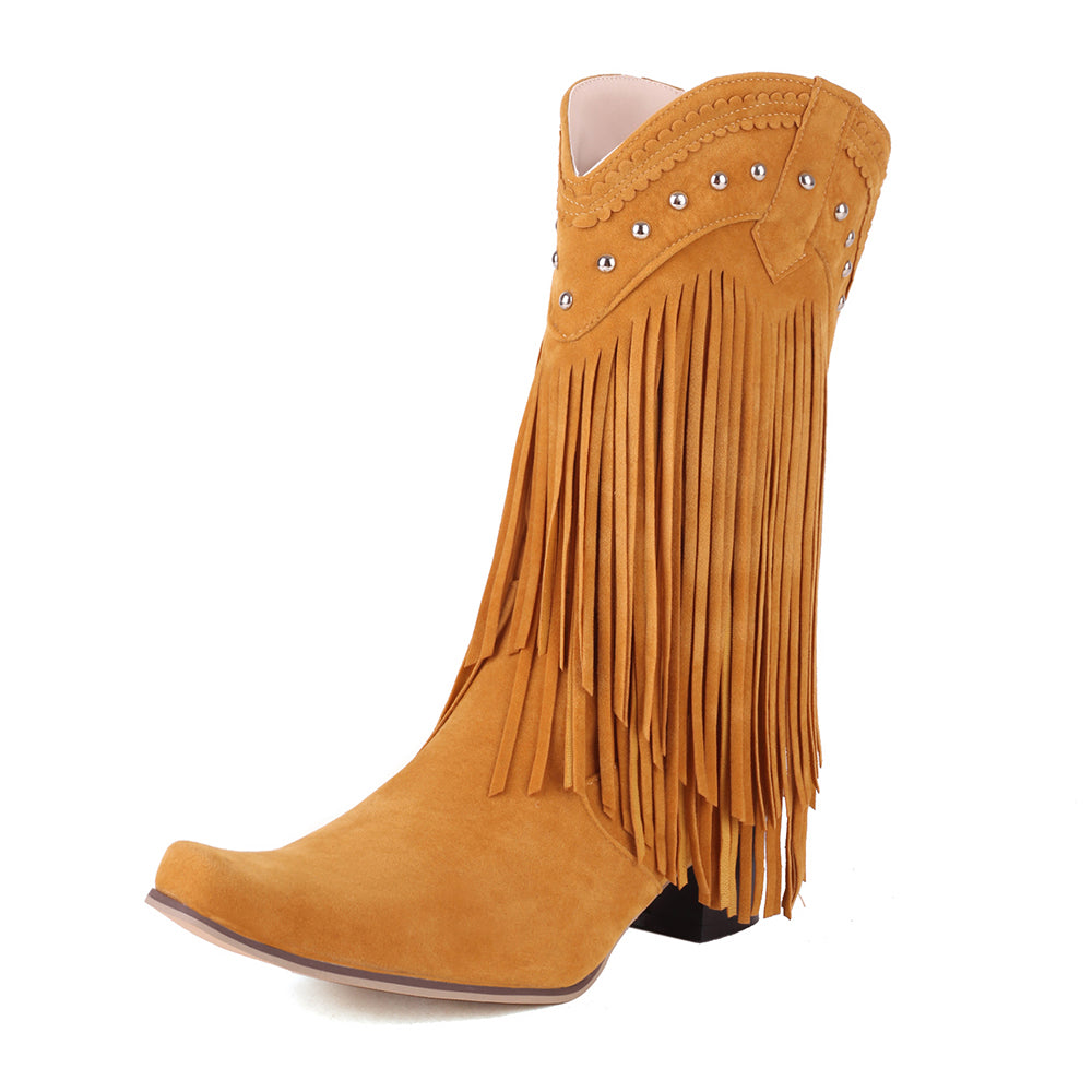 Fringe Western Cowboy Boots for Women Vintage Rivet Tassels Long Boots