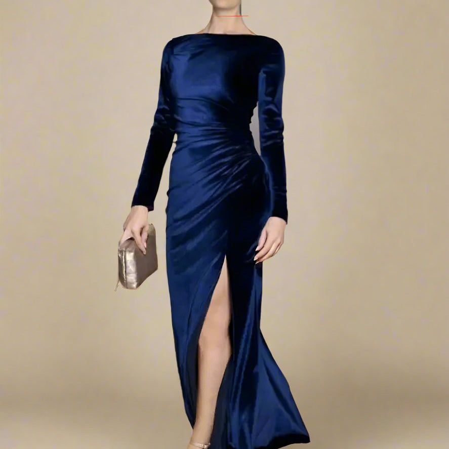 Ashore Shop Velvet Boat Neck Long Sleeve Evening Dress