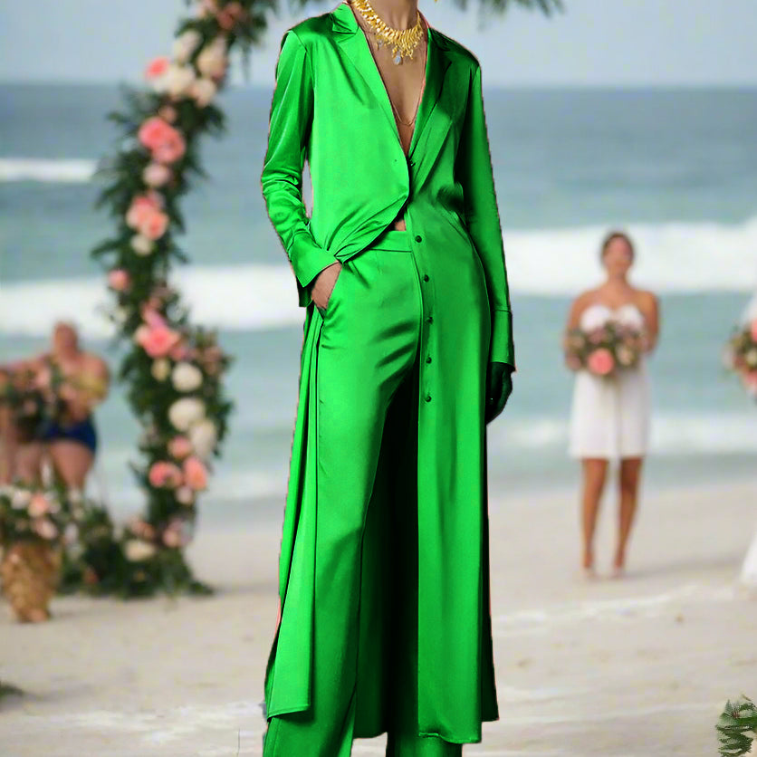 Ashore Long Summer Silk Satin Women's Custom long Suit Pants Set Custom Color and Size