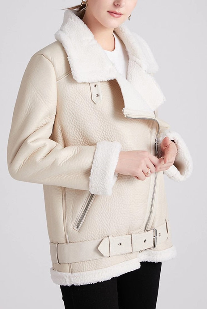 2022 Winter Coats Women Thick Faux Leather Fur Sheepskin Motorcycle Coat
