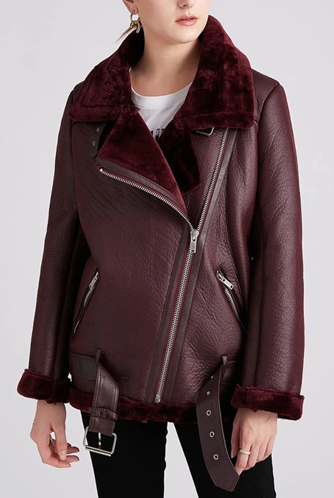 2022 Winter Coats Women Thick Faux Leather Fur Sheepskin Motorcycle Coat