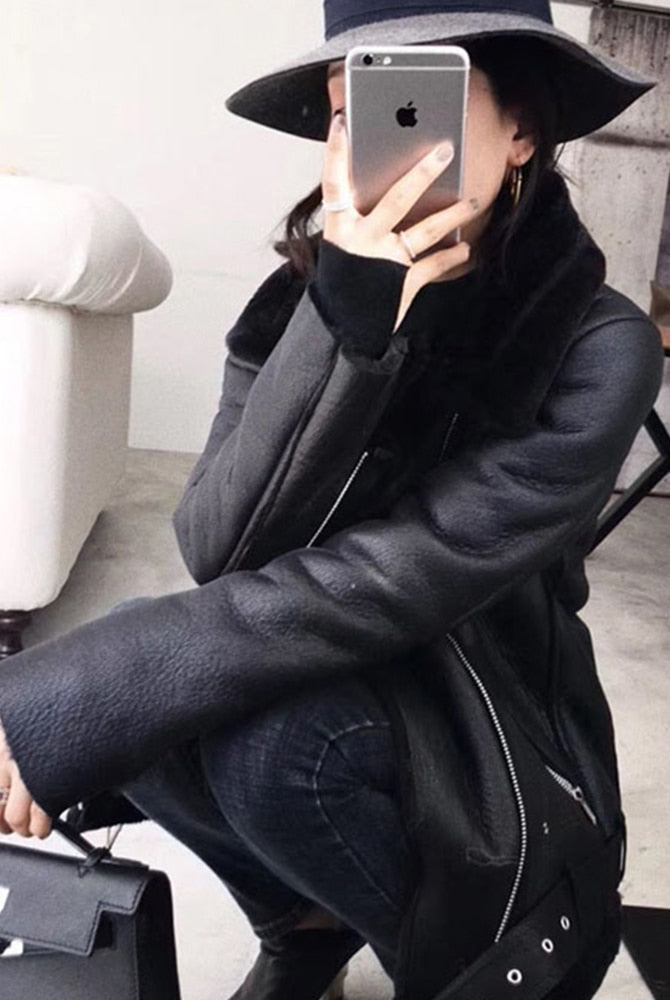 2022 Winter Coats Women Thick Faux Leather Fur Sheepskin Motorcycle Coat