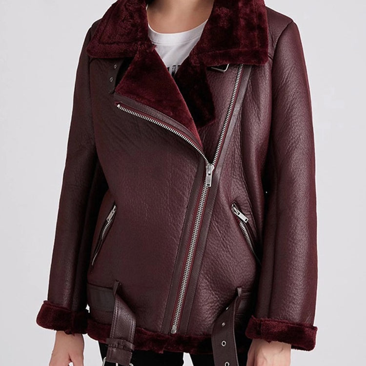 2022 Winter Coats Women Thick Faux Leather Fur Sheepskin Motorcycle Coat