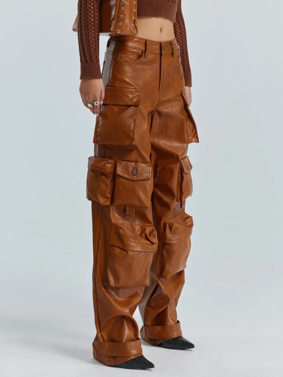 Ashore-shop-Women_Leather_Pants_Multi_Pockets_High_Waist_Trousers_Loose_Casual_All_Match_Long_PU_Cargo_Pants6