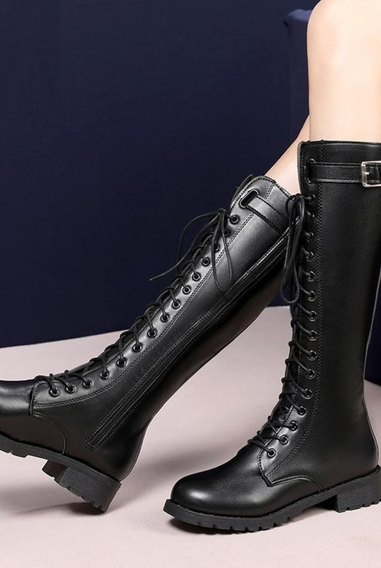 Womens Autumn Boot Black Lace-up Punk Riding Boots Zipper Motorcycle Boots