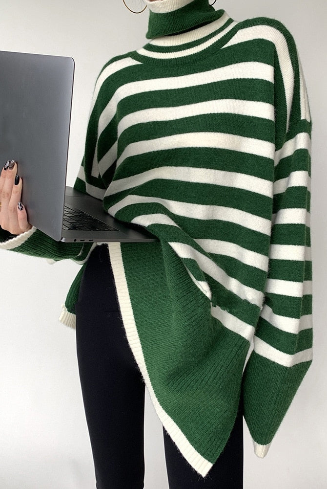 ASHORE Sweater Shop: 2023 New Knitted Sweater For Women Striped Turtleneck Knitwear Sweater Long