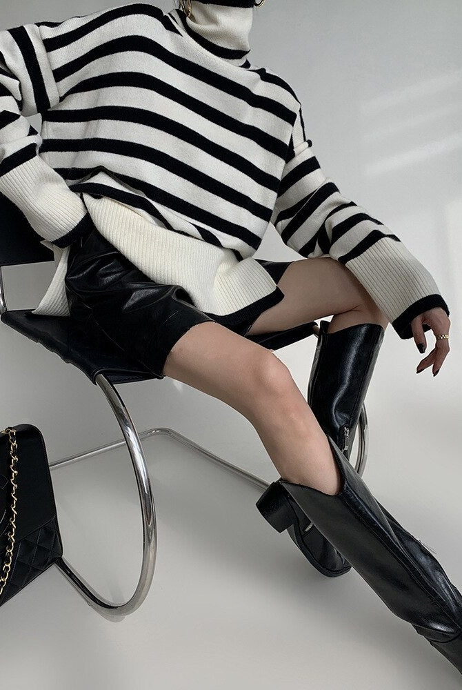 ASHORE Sweater Shop: 2023 New Knitted Sweater For Women Striped Turtleneck Knitwear Sweater Long