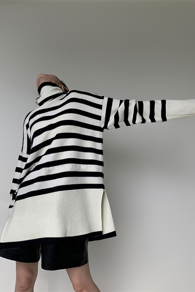 ASHORE Sweater Shop: 2023 New Knitted Sweater For Women Striped Turtleneck Knitwear Sweater Long