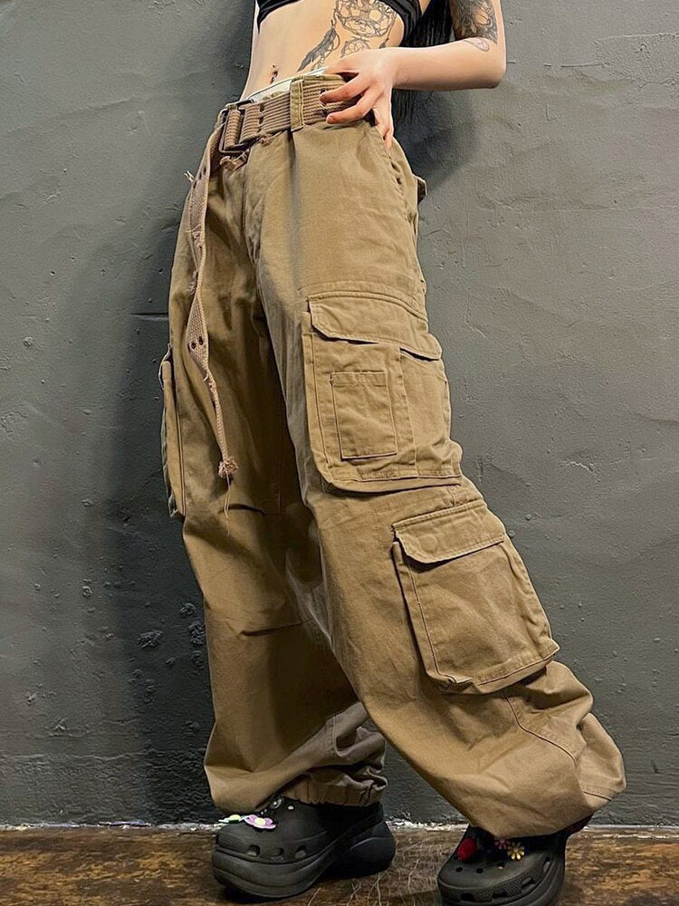 Ashore Shop Women's Baggy Pants Vintage Work Jeans Low Rise 100% Cotton Multi Pocket Denim Cargo Pants