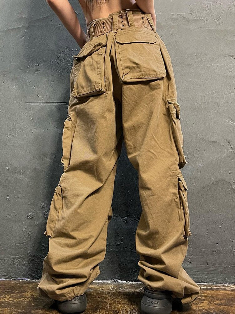 Ashore Shop Women's Baggy Pants Vintage Work Jeans Low Rise 100% Cotton Multi Pocket Denim Cargo Pants