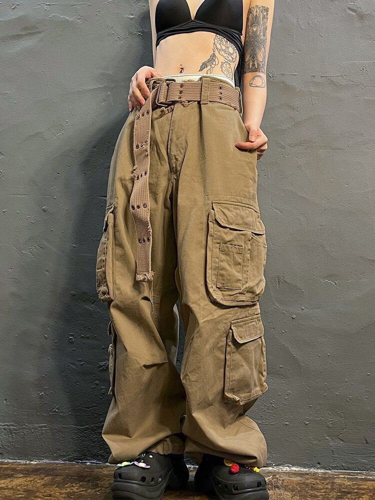 Ashore Shop Women's Baggy Pants Vintage Work Jeans Low Rise 100% Cotton Multi Pocket Denim Cargo Pants