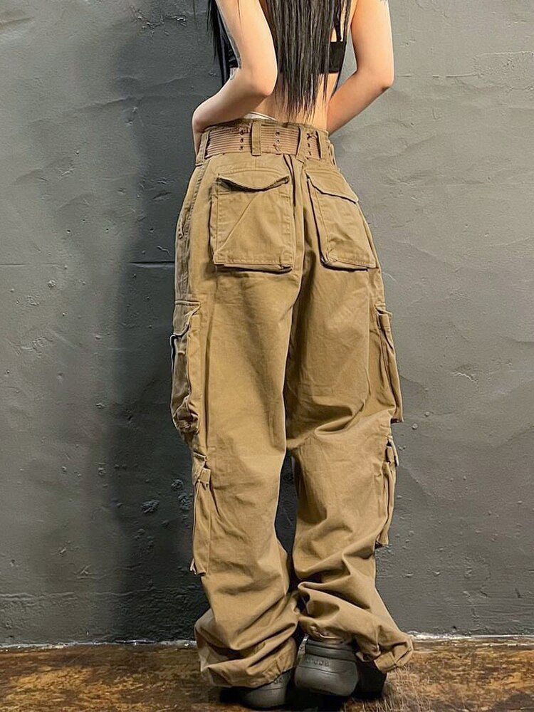 Ashore Shop Women's Baggy Pants Vintage Work Jeans Low Rise 100% Cotton Multi Pocket Denim Cargo Pants