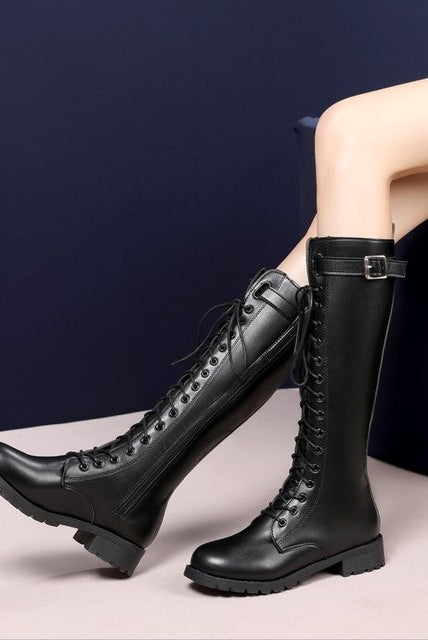 Womens Autumn Boot Black Lace-up Punk Riding Boots Zipper Motorcycle Boots