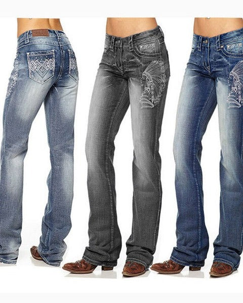 Retro Indian Embroidery Washed Jeans Trousers Pantalones De Mujer джинсы
