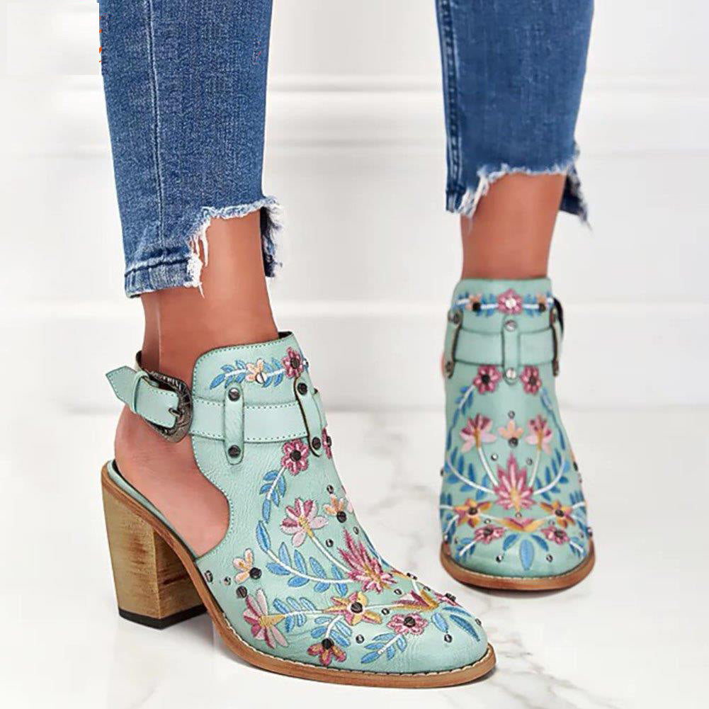 Ashore Shop 2023 New Summer Women Vintage Embroidery Floral Wood Block High Heeled Clog Slingback Sandals Shoes