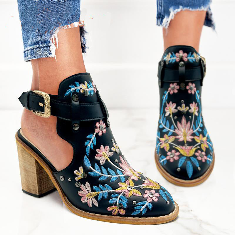 Ashore Shop 2023 New Summer Women Vintage Embroidery Floral Wood Block High Heeled Clog Slingback Sandals Shoes