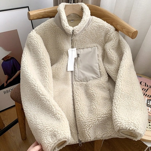 Zipper Lamb Fur Women Coats Winter Turtleneck Pocket Thick Warm Outerwear